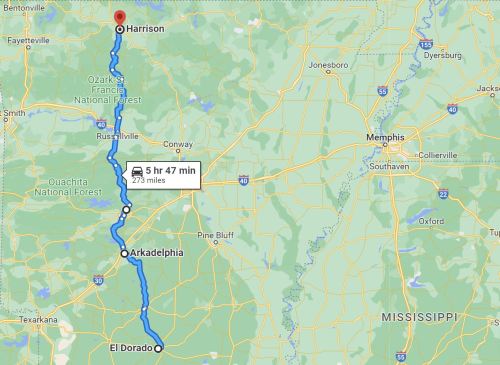 Map showing a route from Harrison to El Dorado, Arkansas, with a travel time of 5 hours and 47 minutes over 273 miles.