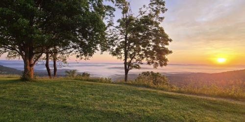 A serene landscape at sunrise, featuring trees and misty valleys under a colorful sky.