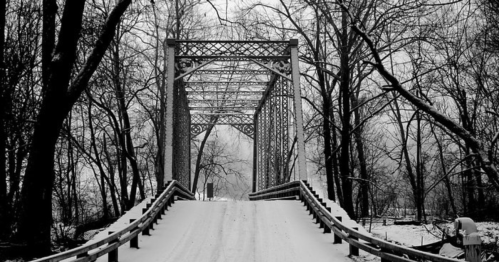 A snow-covered bridge surrounded by bare trees, creating a serene winter landscape in black and white.
