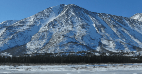 Snow-covered mountain with steep slopes, surrounded by a forest and a clear blue sky.