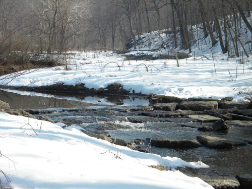 A serene winter landscape featuring a snow-covered riverbank and flowing water surrounded by bare trees.