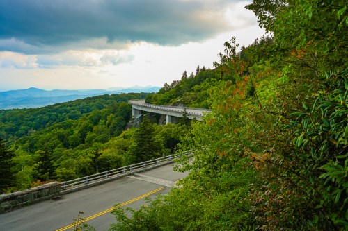 A scenic view of a winding road and bridge surrounded by lush green trees under a cloudy sky.