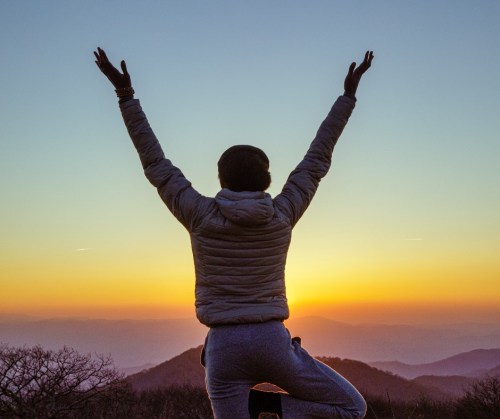 Silhouette of a person with arms raised in celebration against a vibrant sunset over mountains.