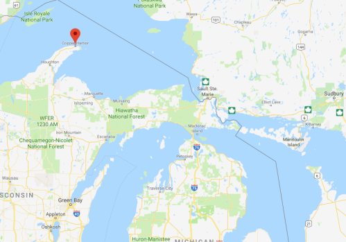 Map showing the northern part of Michigan, highlighting Copper Harbor and surrounding natural areas.