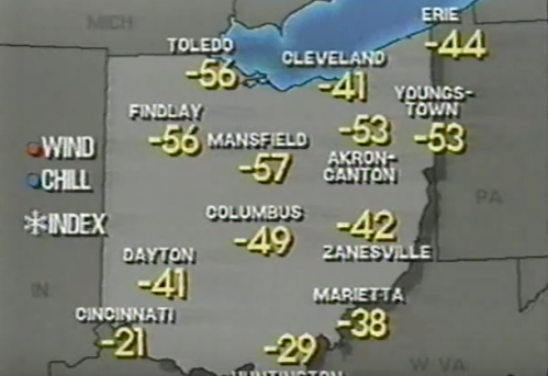 Weather map showing wind chill temperatures across Ohio, with Columbus at -49°F and Toledo at -56°F.