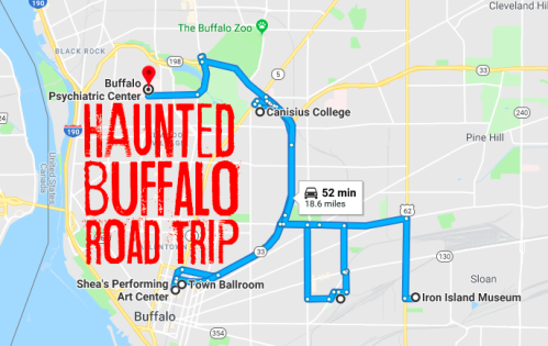 Map of a haunted road trip in Buffalo, featuring stops at notable locations like the Psychiatric Center and Iron Island Museum.