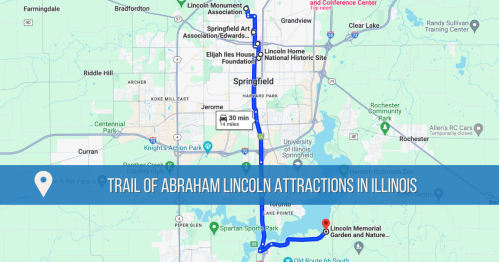 Map showing the Trail of Abraham Lincoln attractions in Illinois, highlighting key sites in Springfield.