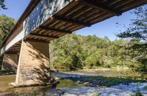 A sturdy bridge spans a river, surrounded by lush greenery and trees under a clear blue sky.
