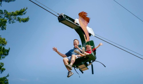 A man and a child joyfully ride a chairlift with a whimsical eagle design against a clear blue sky.