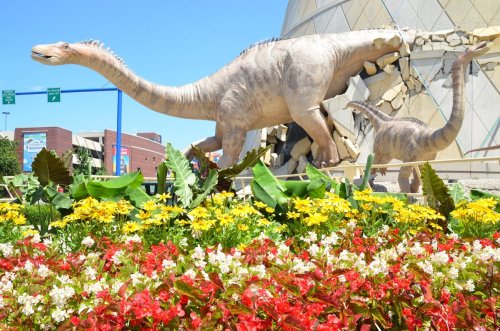 Two dinosaur sculptures stand among colorful flowers in front of a modern building on a sunny day.