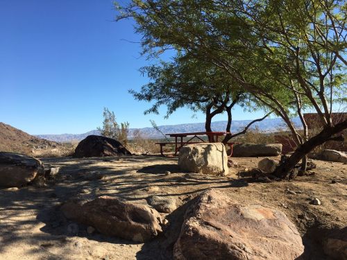 A scenic outdoor area with a picnic table under a tree, surrounded by rocks and mountains in the background.