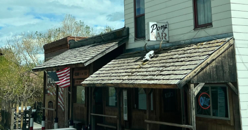 A rustic bar with a wooden facade, featuring a sign that reads "Pony Bar" and an American flag nearby.