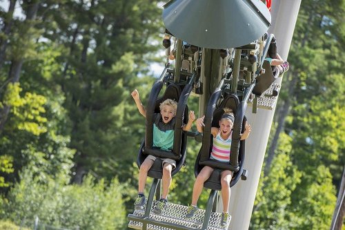 Two excited children on a ride, arms raised in joy, surrounded by trees in a sunny amusement park setting.