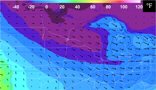 Weather map showing temperature gradients and wind direction across the northern United States, with varying color zones.