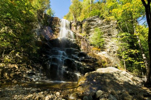 A serene waterfall cascading down rocky cliffs, surrounded by lush green trees under a clear blue sky.