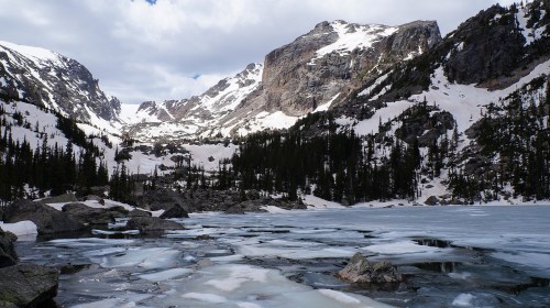 A serene mountain landscape with a frozen lake, snow-covered peaks, and evergreen trees under a cloudy sky.