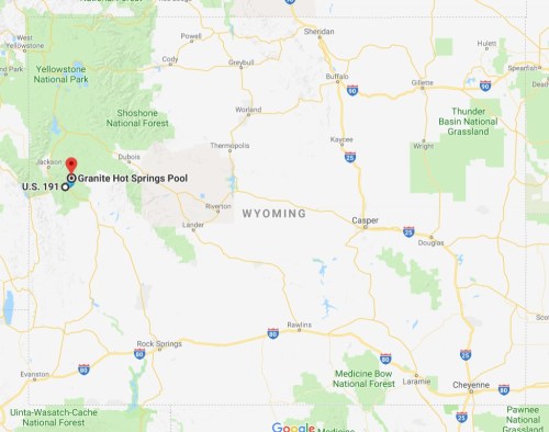 Map showing the location of Granite Hot Springs Pool in Wyoming, near U.S. Route 191 and surrounding national forests.
