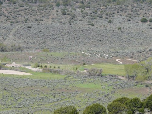A scenic landscape featuring rolling hills, green fields, and patches of shrubs under a clear sky.