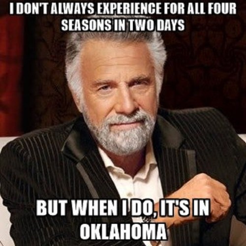 A man with a beard and gray hair humorously states he experiences all four seasons in two days, specifically in Oklahoma.