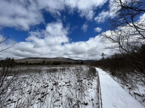 A snowy landscape with a wooden path, mountains in the distance, and a cloudy blue sky.