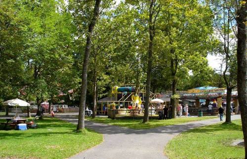 A park scene with trees, a playground, and people enjoying the outdoors on a sunny day.