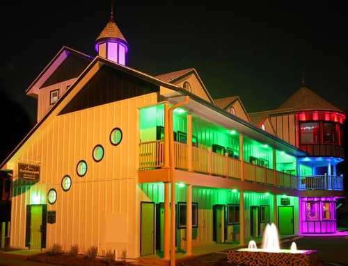 A brightly lit building at night, featuring colorful lights in green, purple, and blue, with a fountain in front.