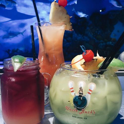 Three colorful cocktails with garnishes, set against a backdrop of an aquarium.