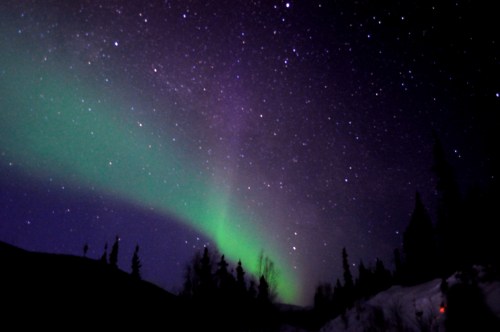 A stunning night sky featuring the aurora borealis with vibrant green and purple hues against a starry backdrop.