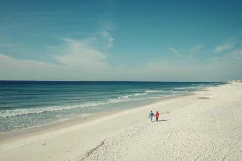 A couple walks hand in hand along a sandy beach with gentle waves and a clear blue sky.