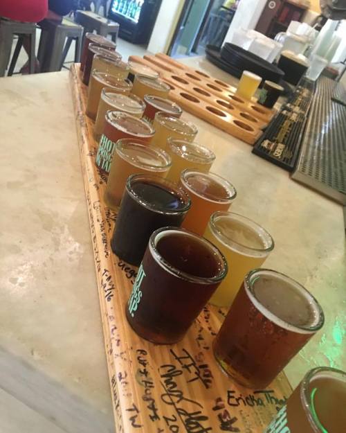 A wooden flight paddle holds various small glasses of different craft beers arranged in a row.