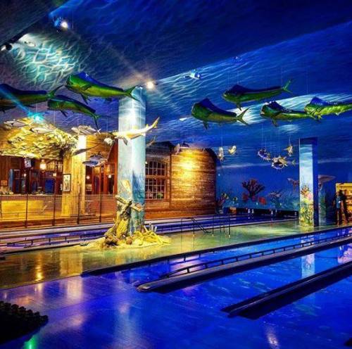 A vibrant indoor space with blue lighting, featuring fish decorations and a bowling alley under a water-themed design.