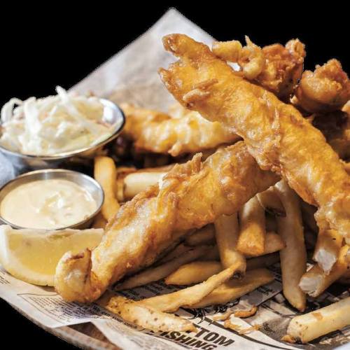 A plate of golden fried fish fillets with French fries and dipping sauces, served with a side of coleslaw.