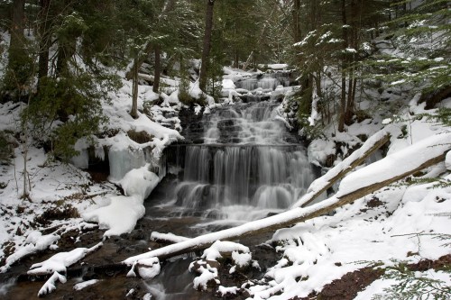 A serene winter scene featuring a cascading waterfall surrounded by snow-covered trees and icy rocks.