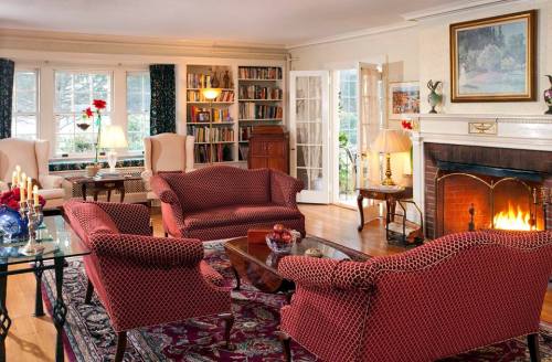 Cozy living room with red patterned sofas, a fireplace, bookshelves, and large windows letting in natural light.