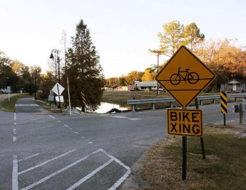 A bike crossing sign at a road intersection near a pond, with trees and houses in the background.
