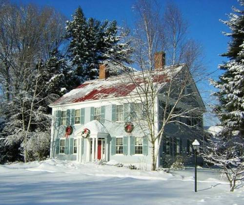 A charming blue house with a red roof, adorned with wreaths, surrounded by snow-covered trees and a winter landscape.