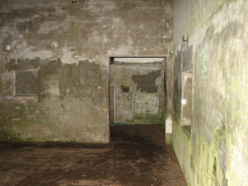 An empty, dilapidated room with moss-covered walls and an open doorway leading to another dark space.
