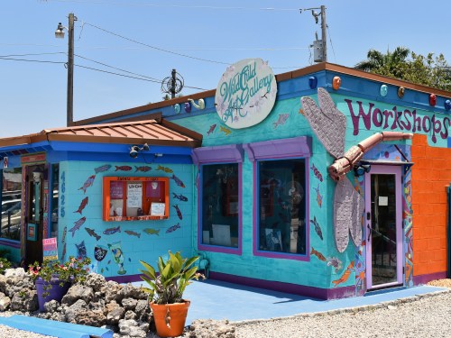 Colorful art gallery with vibrant murals, showcasing fish and dragonflies, surrounded by a landscaped area.