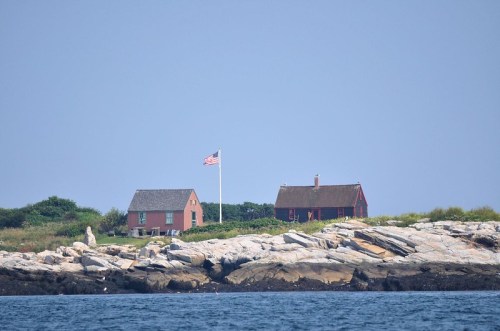 A coastal scene featuring two houses on a rocky shore, with an American flag waving in the breeze.