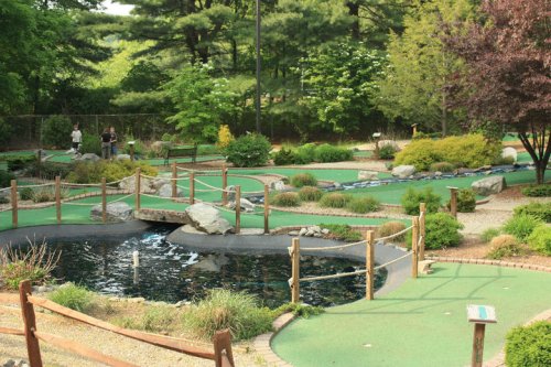 A scenic mini-golf course with lush greenery, a pond, and wooden bridges surrounded by trees and shrubs.