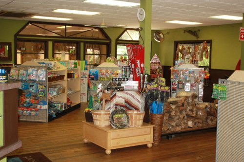 Interior of a store featuring shelves of merchandise, baskets, and wooden flooring, with a bright and inviting atmosphere.