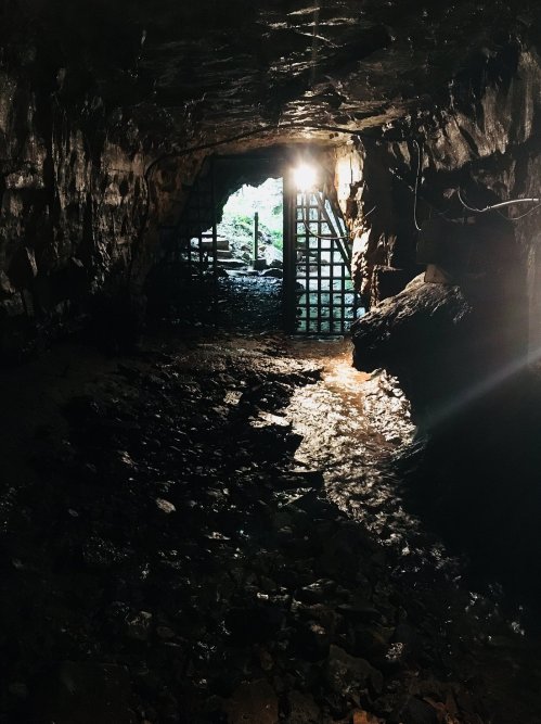 A dimly lit cave entrance with a barred gate, water pooling on the rocky floor, and light streaming in from outside.