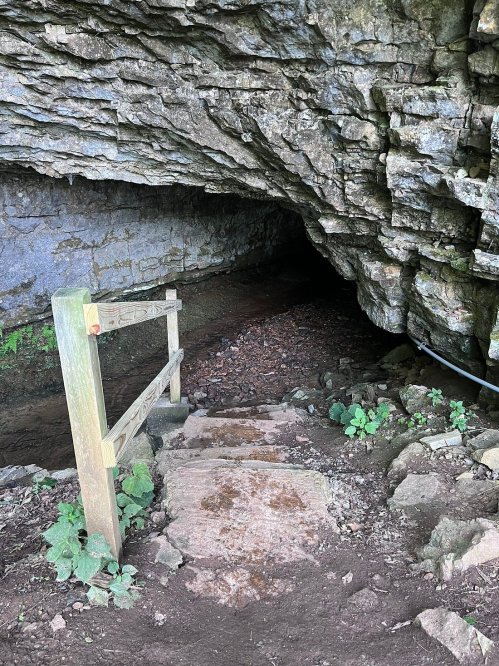 A rocky cave entrance with a wooden railing and a path leading into the dark interior, surrounded by greenery.