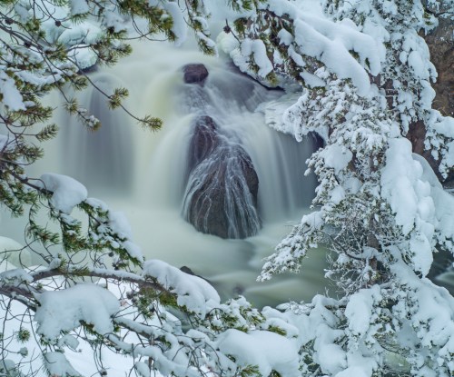 A serene winter scene of a waterfall surrounded by snow-covered trees and rocks.