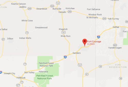 Map showing Fort Courage marked as "CLOSED," near Sanders, with surrounding areas and highways labeled.
