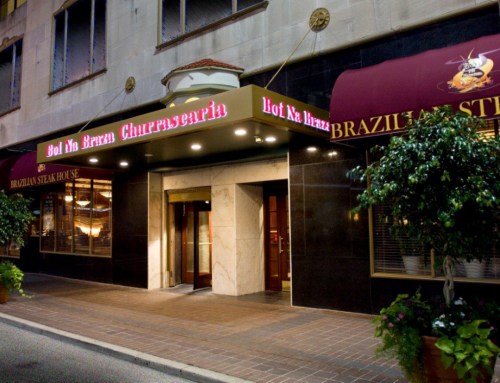 Exterior of a Brazilian steakhouse with a welcoming entrance and illuminated signage.