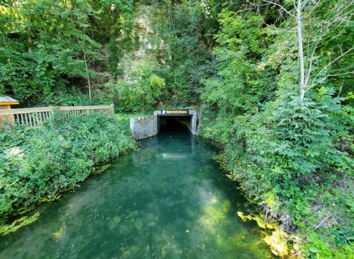 A dark tunnel entrance surrounded by lush greenery and water, with a sign reading "Spook Cave" above the opening.