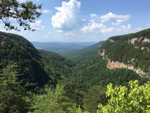 A scenic view of a lush green valley surrounded by steep cliffs under a blue sky with fluffy white clouds.