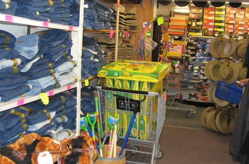 A retail store aisle filled with shelves of jeans, hats, and toys, with a shopping cart in the foreground.
