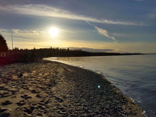 A serene beach at sunset, with gentle waves lapping at the shore and trees in the background under a colorful sky.